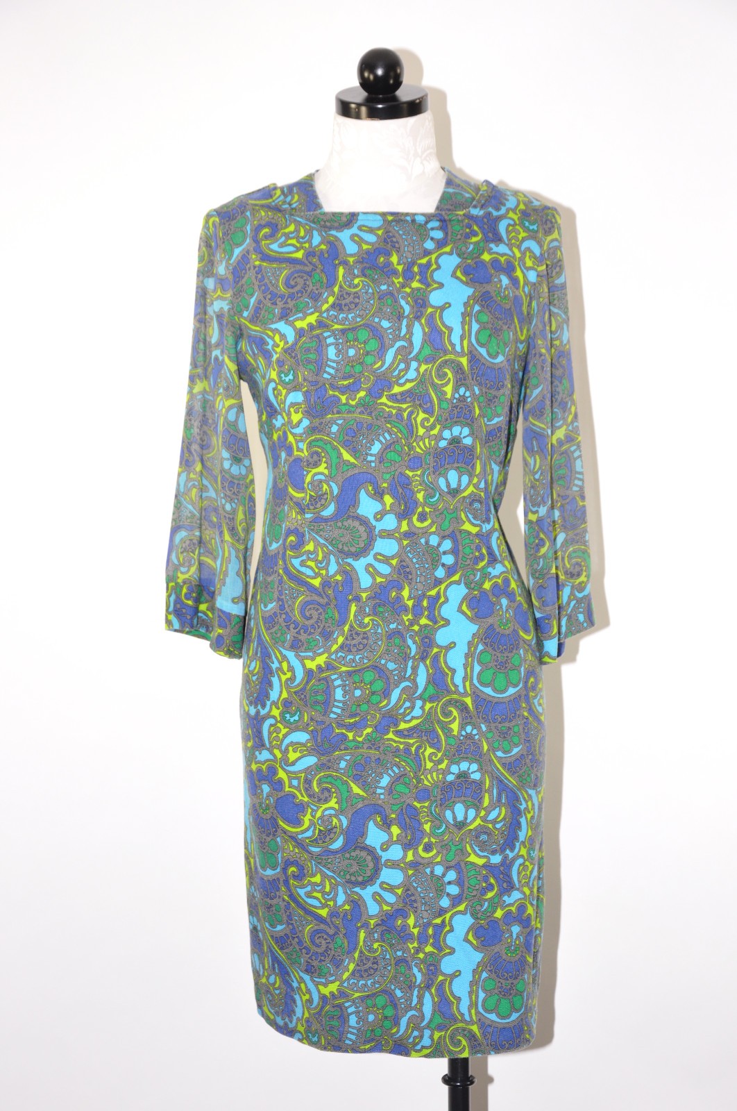 60s Vintage Blue Green Paisley Sheer Bell Sleeve Sheath Wiggle Day Dress Women S