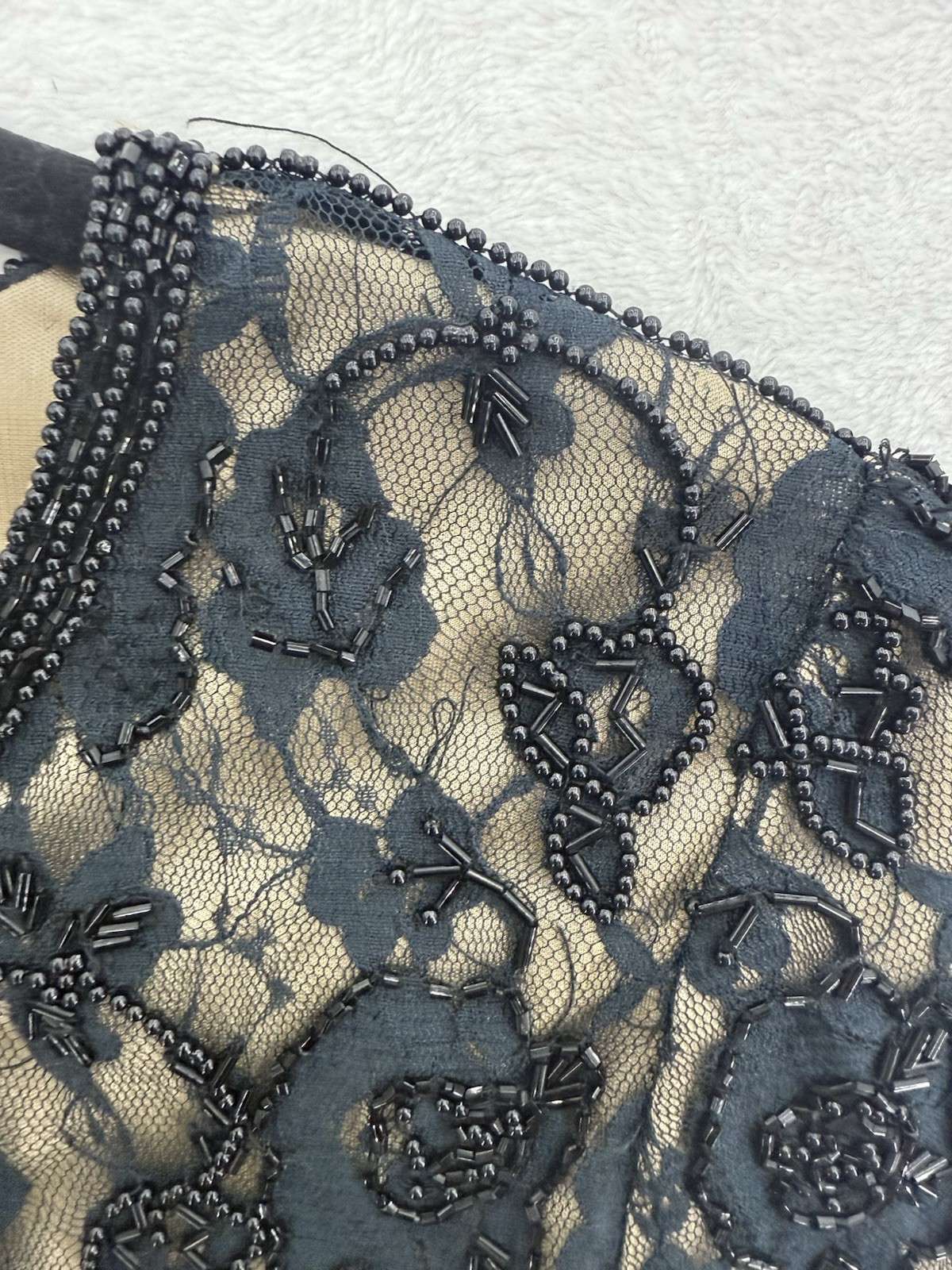 Vintage Black Lace And Nude Dress Beaded By Brilliante J.A. Size Small