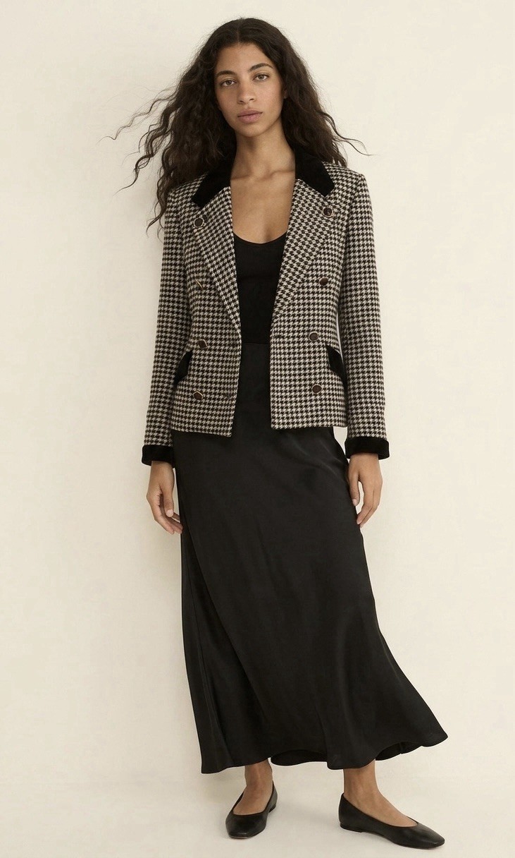 Vintage 80s Black/White Wool Houndstooth Double Breasted Blazer Sz S/M Old Money