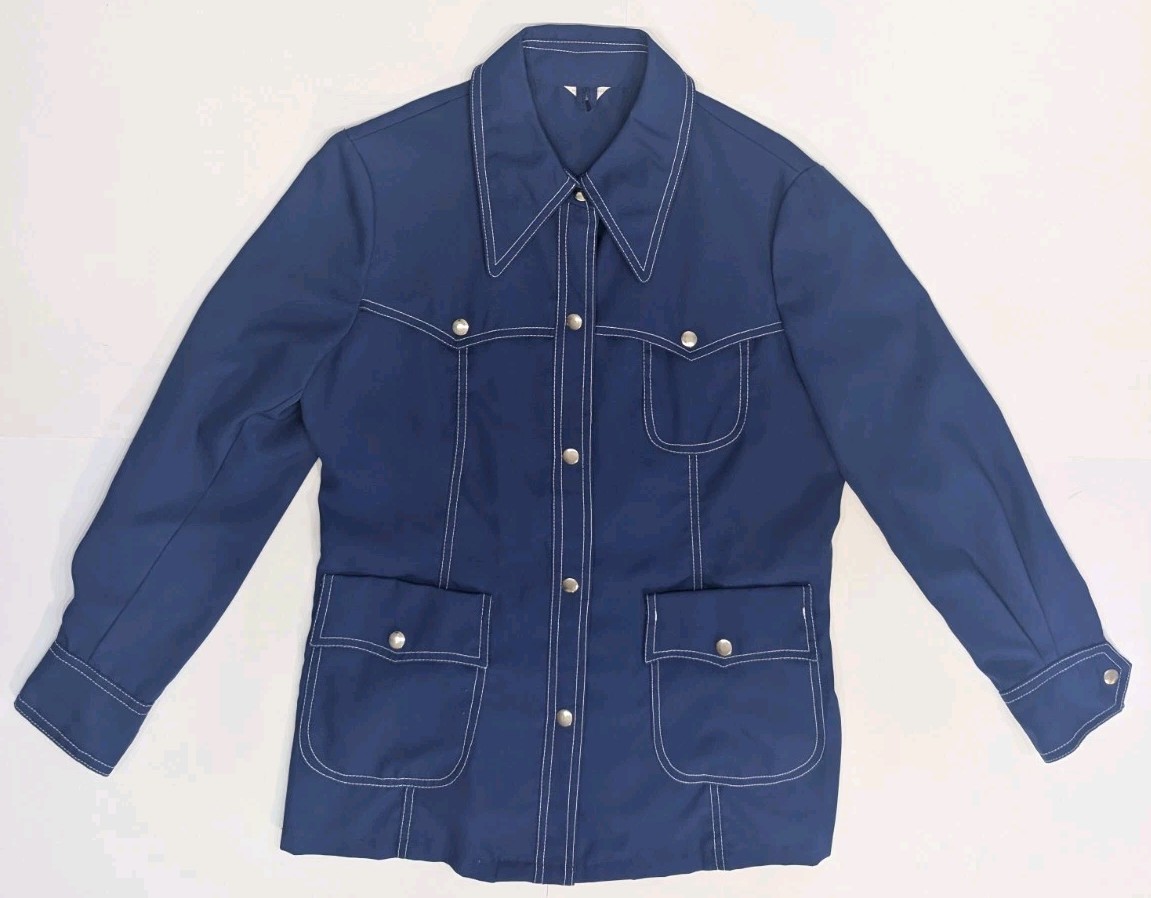 Vintage 1970s Women’s Button-Up Collared Shirt Pockets Polyester Made Korea