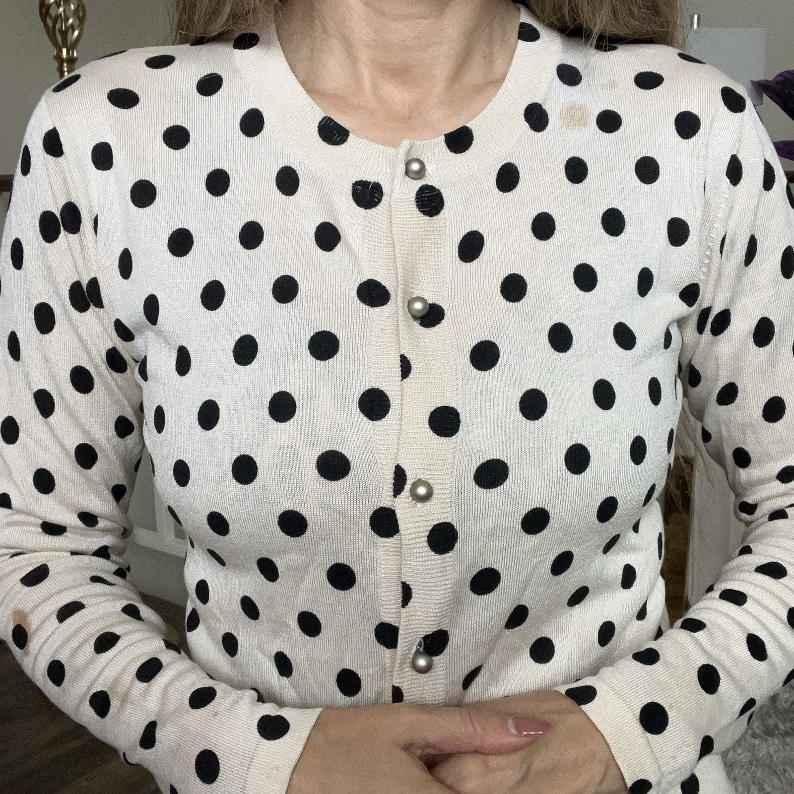 Entracte Vtg Silk Cashmere Polka Dot Crewneck FittedButton Up Knit Cardigan M