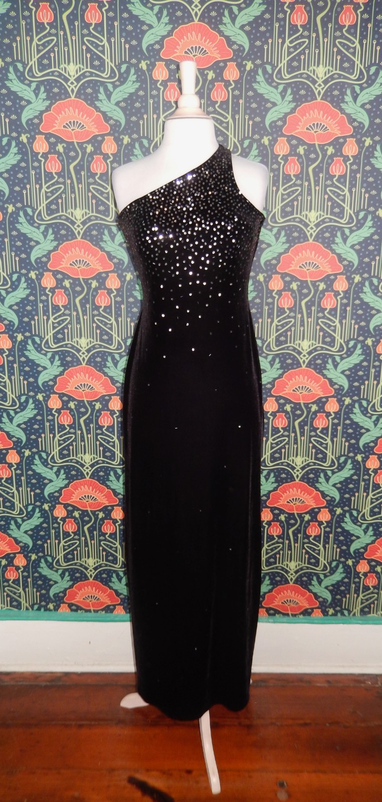 Vintage 90’s Y2K Black Velvet One Shoulder Sequin Prom Hoco Whimsigoth Dress