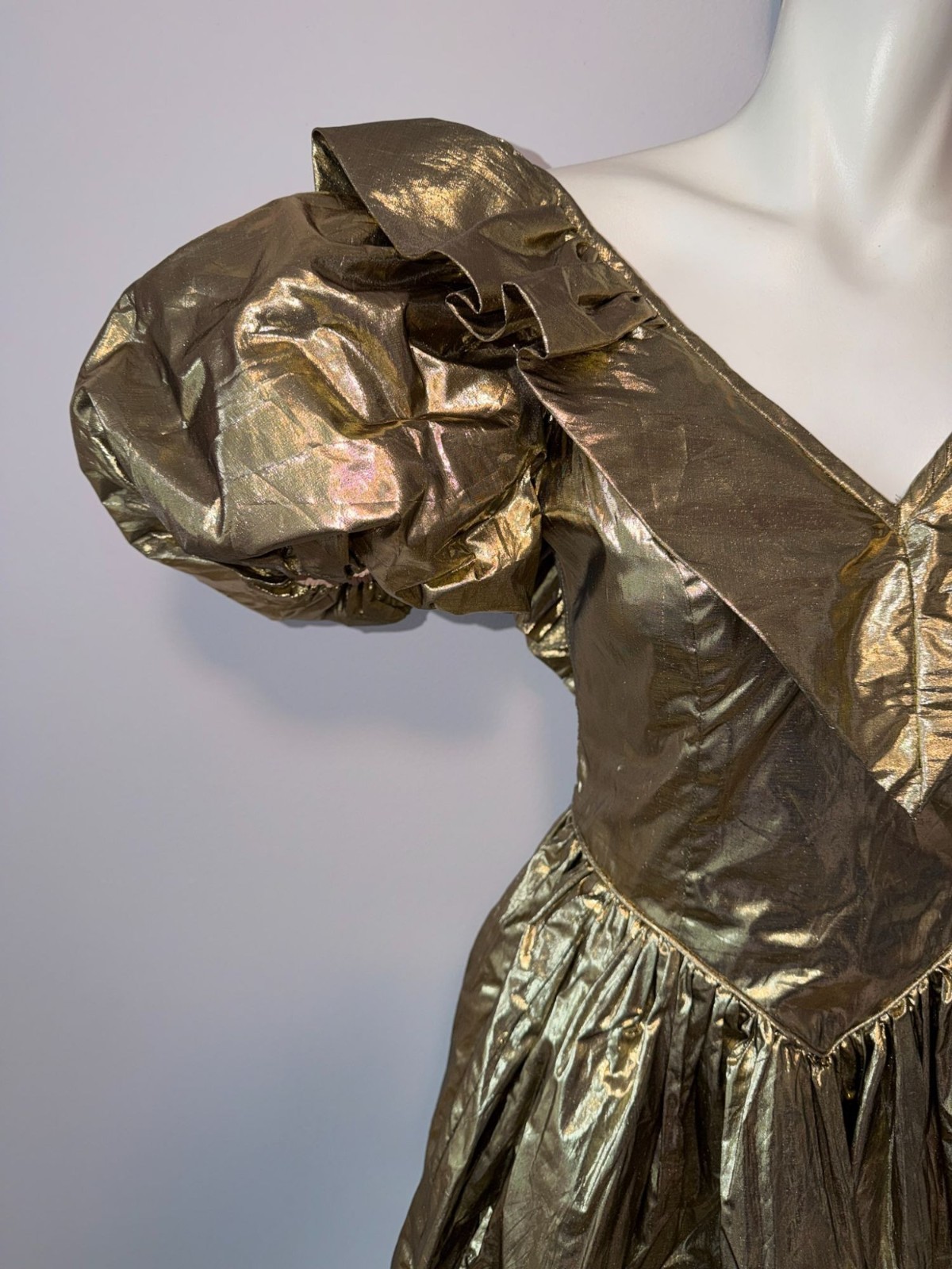 Vintage 80s Gold Lame Prom Dress S M Puff Sleeve Metallic Liquid Gold Ball Gown