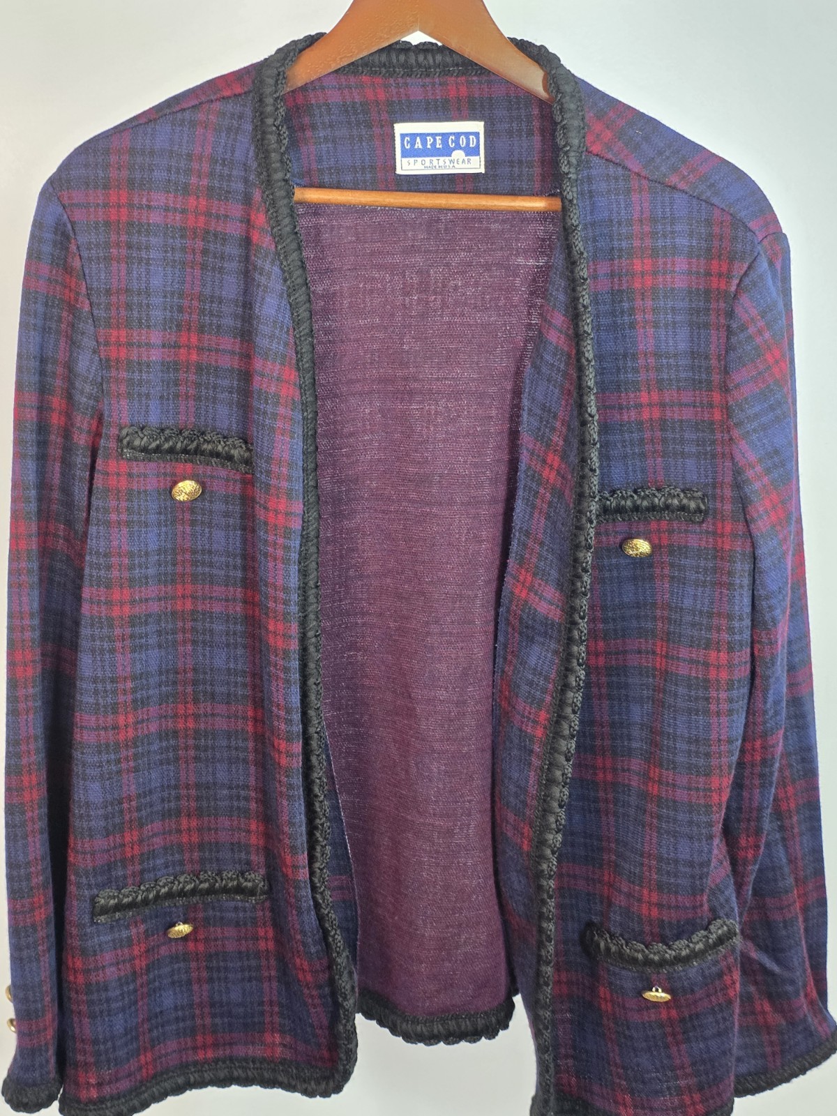 VTG 70s Cape Cod Red/Blue Plaid Blazer Gold ACCENTS Large