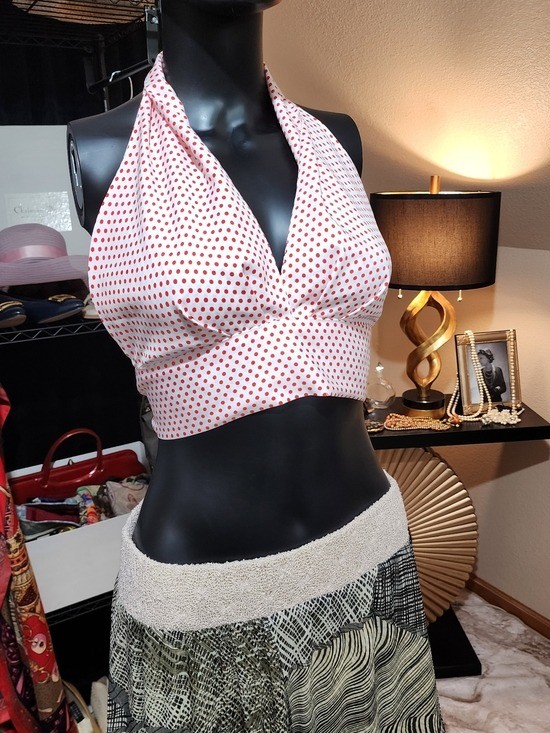 Vintage 70’s White Halter Crop Top with Red Polka Dots
