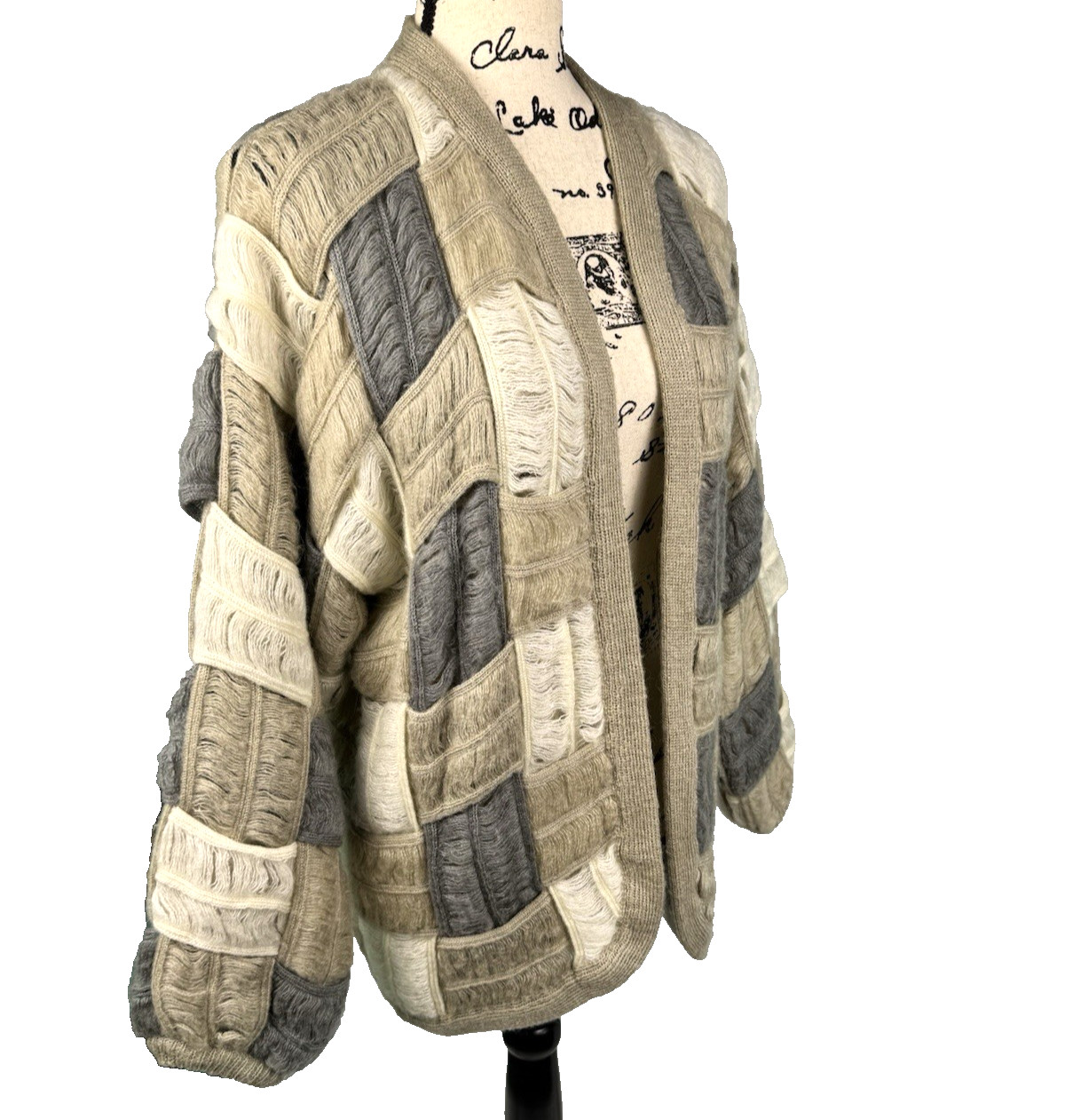 Textured Cardigan Sweater Mohair Patchwork Neutrals Vtg 80s Women Sz M Quiet Lux