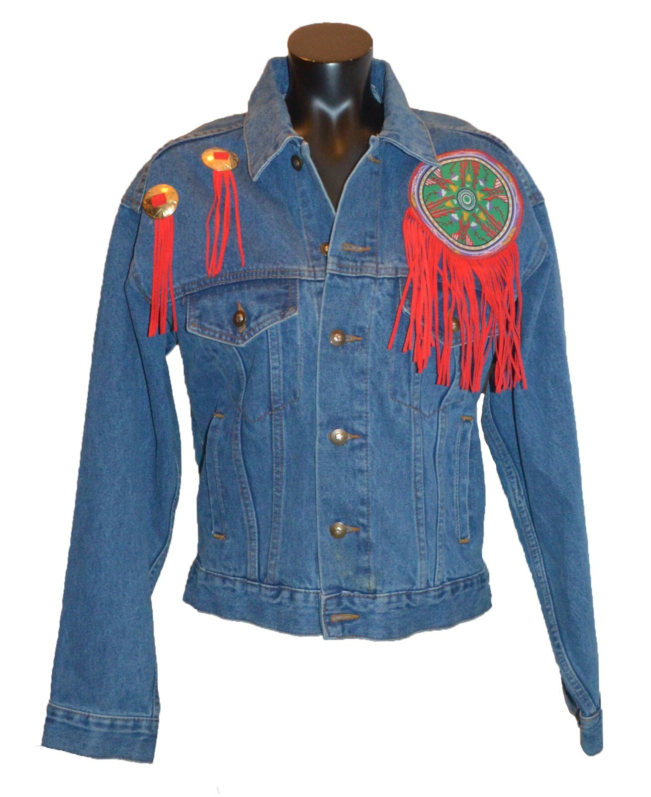 Trinity Products Vintage 1990 Native American Chief Fringe Denim Jacket size M