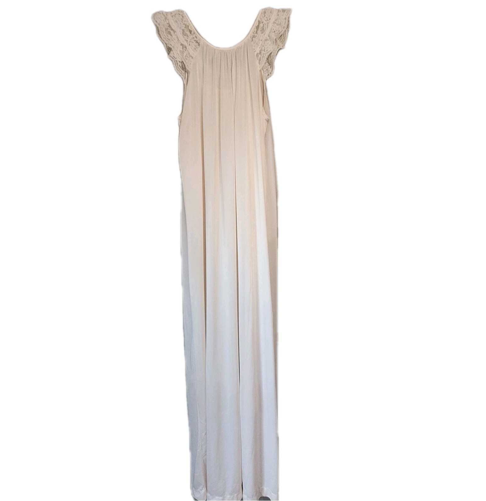 Vintage Heiress Cream Liquid Satin Nightgown Lace Flutter Sleeve Flawed As-Is M