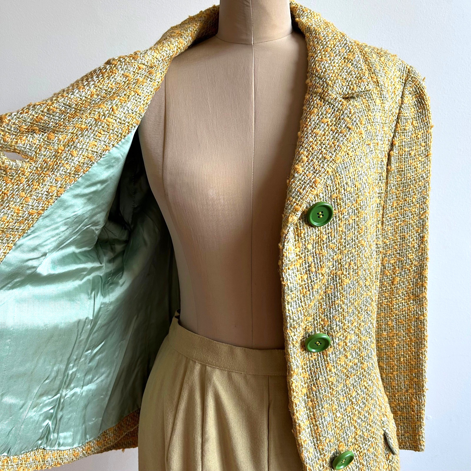 Vintage 1950s Yellow Green Tweed Soft Tailored Blazer Jacket Maisel sz M L 10 12