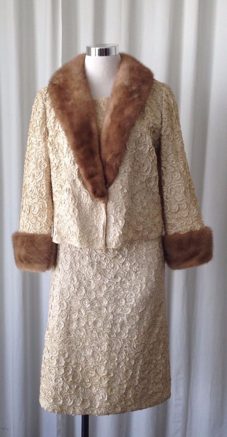 Vintage 60’s Freedman’s Boutique Dresses Ivory 3 Pcs Skirt Set With Mink Trims
