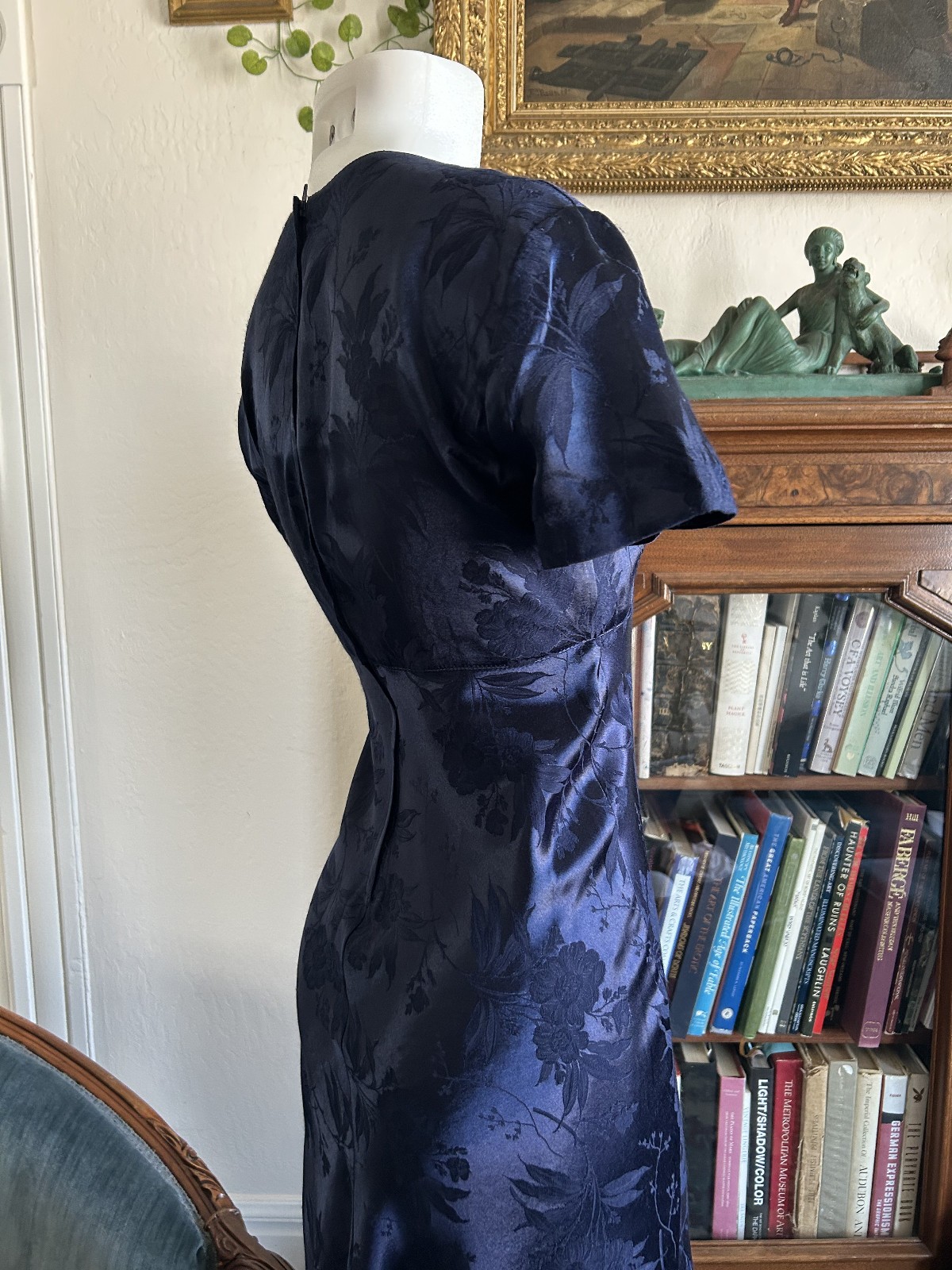 Vintage 1990s Deep Blue Satin Floral Maxi Dress Square Neck Bias Cut S 5/6 Y2K