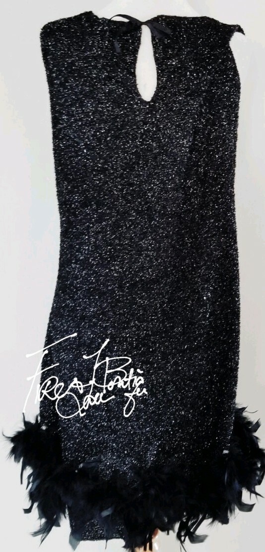VINTAGE 60S 70S MARIBOU TRIM SPARKLE FLAPPER DRESS COSTUME SZ M L 8 10 12