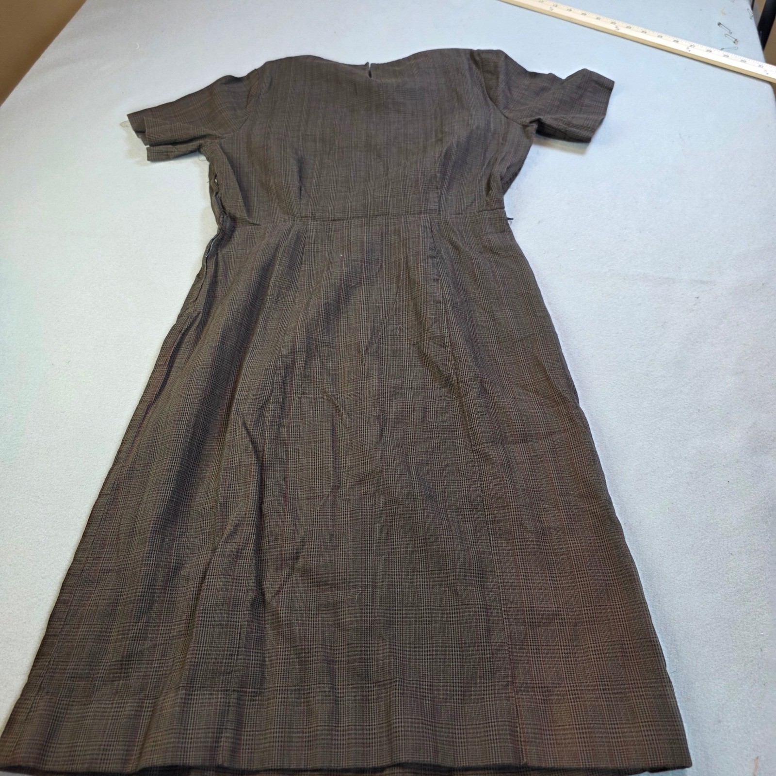 Vintage Mynette Brown Plaid Short Sleeve Midi Dress Academic Retro Size S