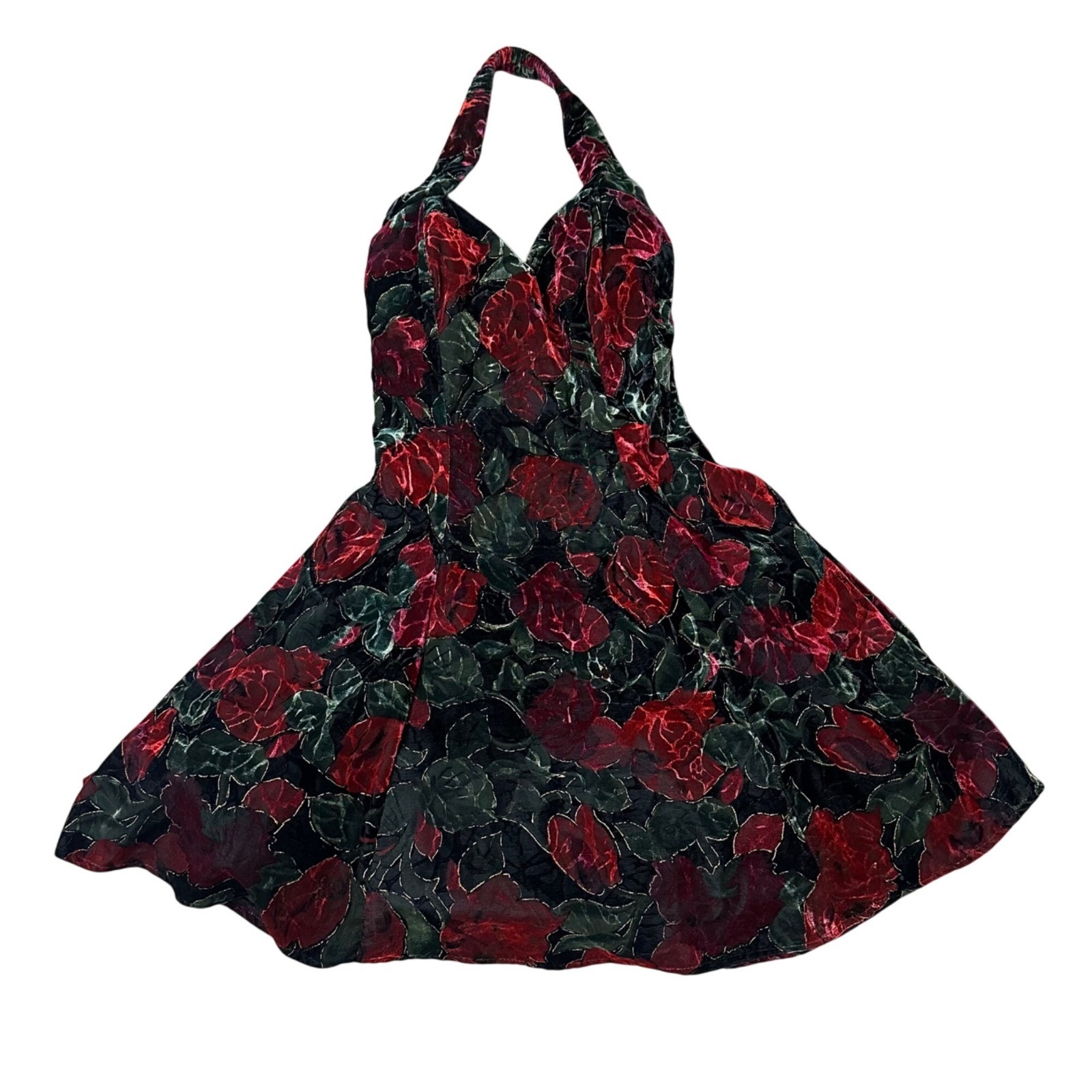 Vintage Velvet Floral Halter Dress Y2K Rampage USA Size 5 Black Red Formal Party