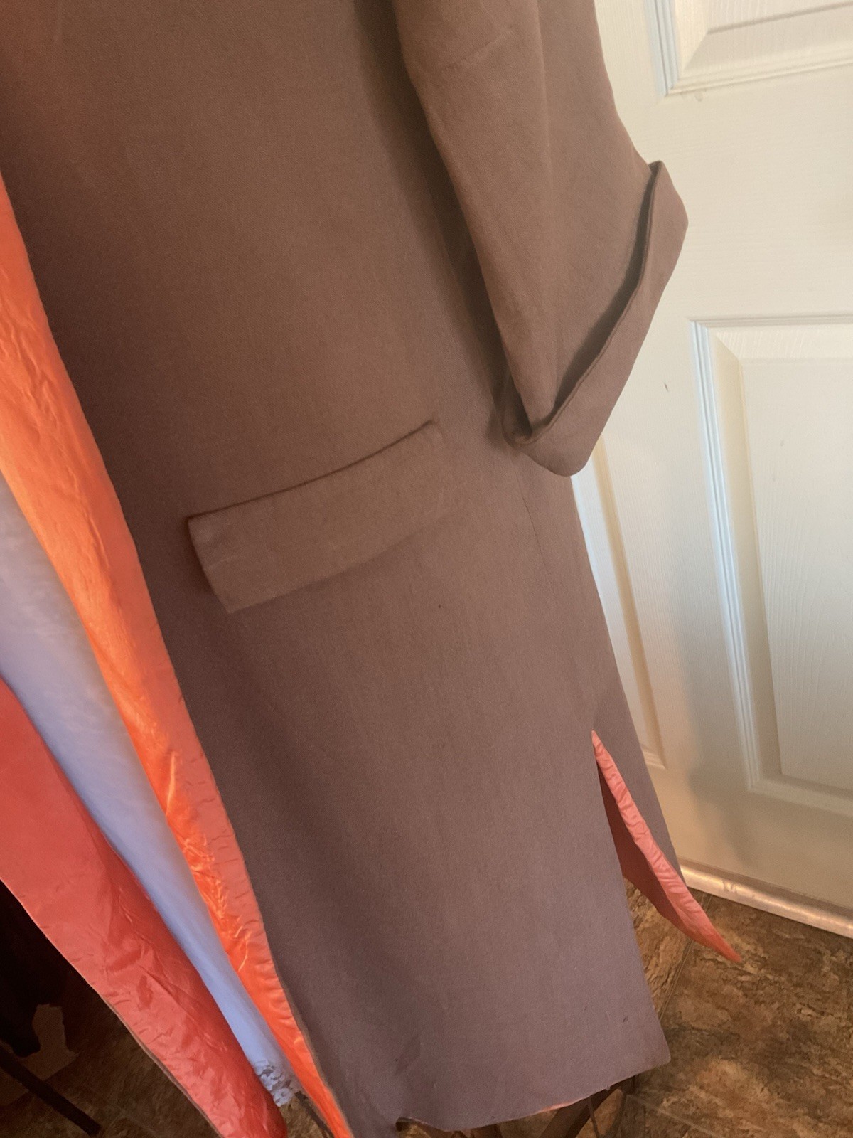 Vintage 1950 FALL AUTUMN DUSTER COAT Brown Linen Orange Lining M