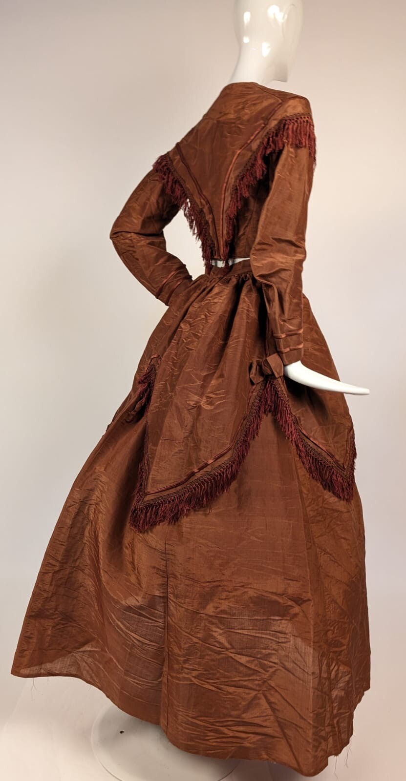 POST CIVIL WAR LATE 1860’S 3 PC BROWN SHINING SILK DRESS W FRINGE