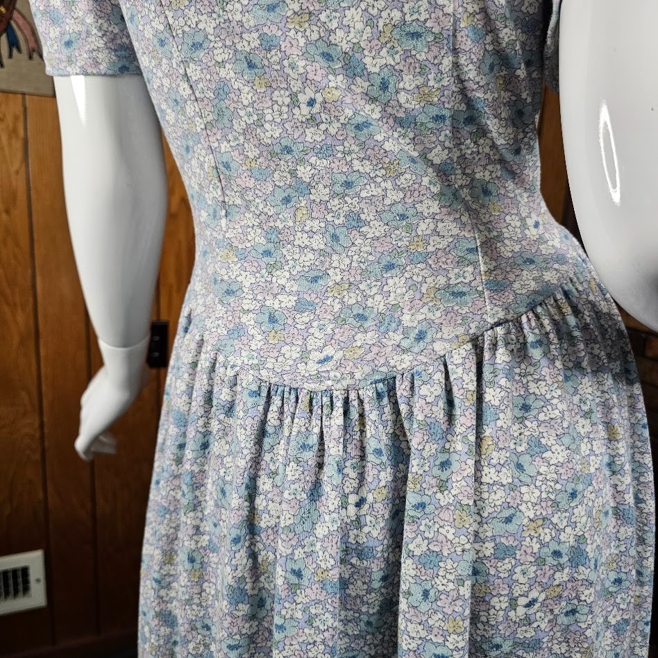 Vtg 80s Victorian Country Floral Puff Drop Waist Cottagecore Prairie Dress M/L