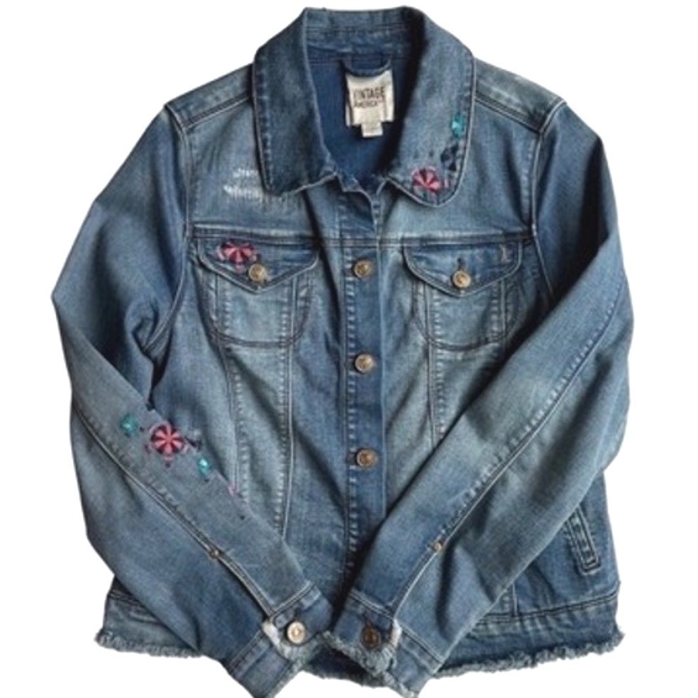 Vintage America Blues Embroidered Denim Jacket Medium Wash Floral Frayed Hem M