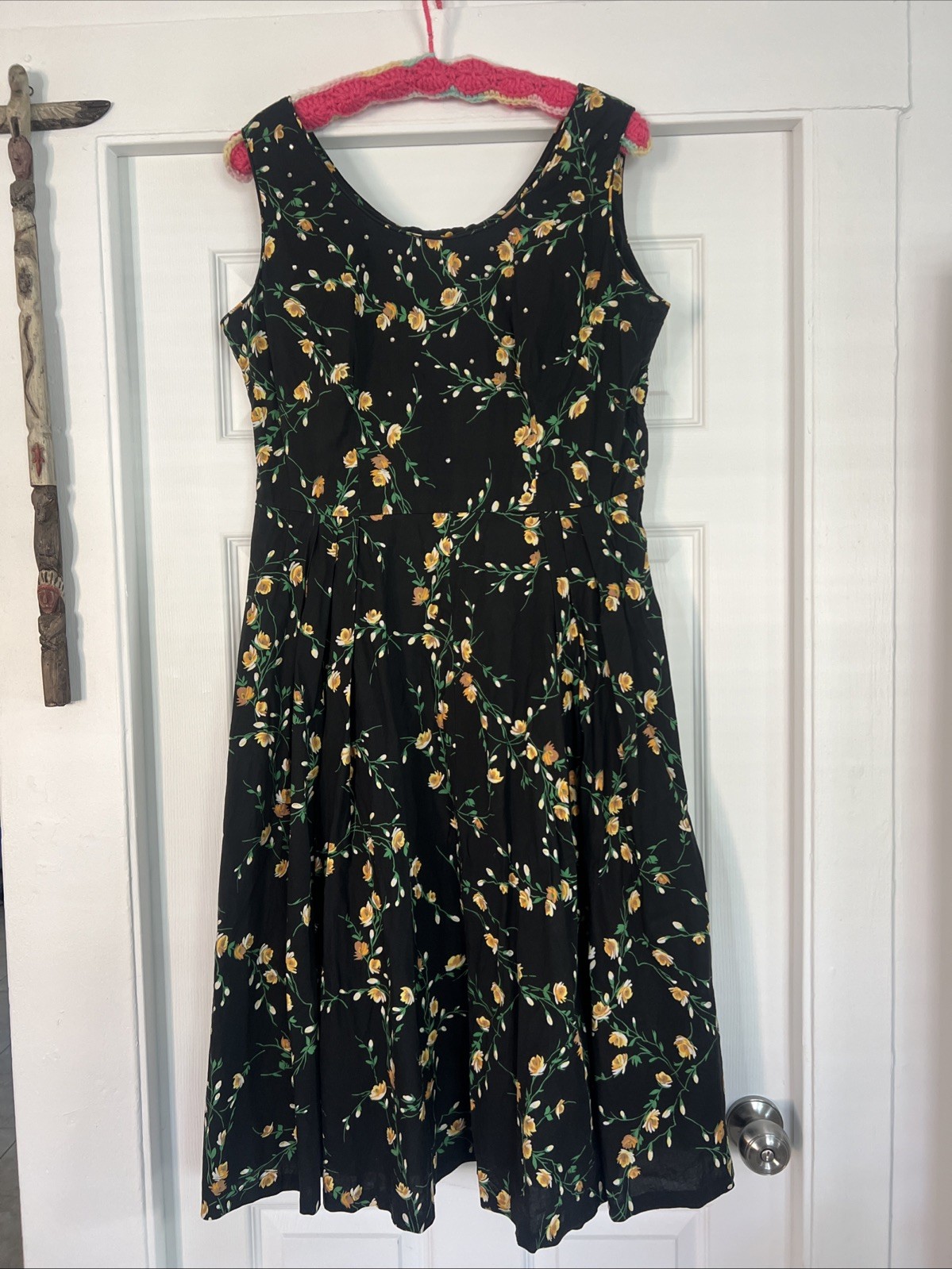 Vtg 40/50s Dark Floral Cotton Day Dress W Prong Set Rhinestones Side Zip XL