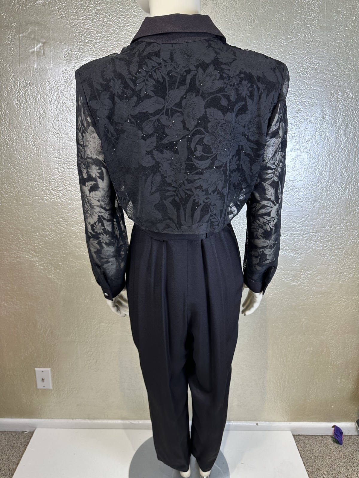 Vintage 1990s Ladies MENU Black Jumpsuit Sheer Sparkle Belted Goth S/M