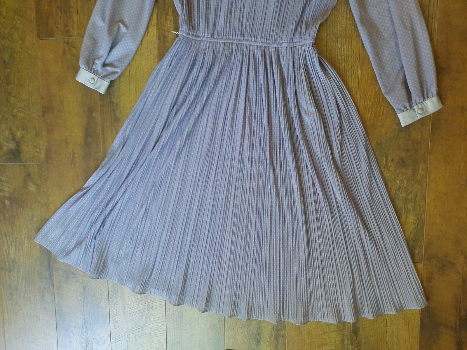VTG Hal Ferman Midi Dress Women Size M Long Sleeve Gray Pink Polka Dots Pleated