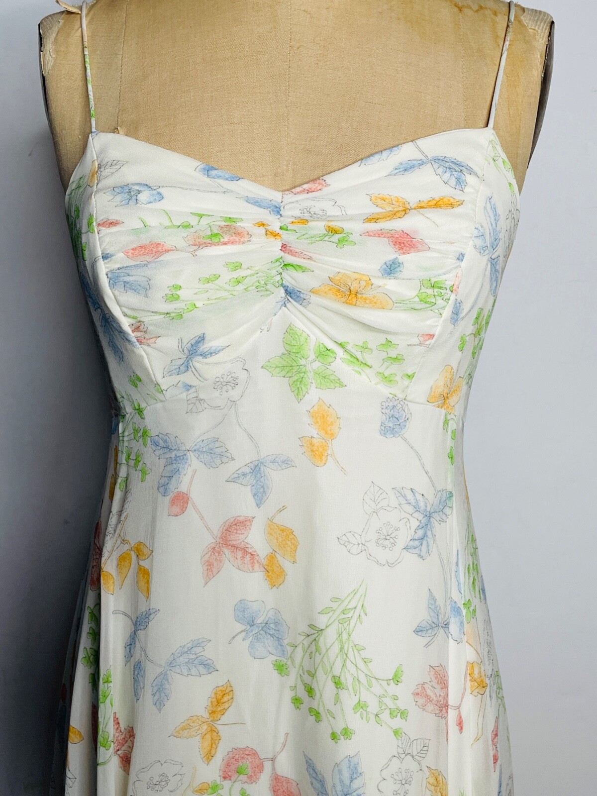 VTG 70’S IVORY BOHO DISCO FLORAL GARDEN PRINT CHIFFON MAXI DRESS GOWN*XS/S