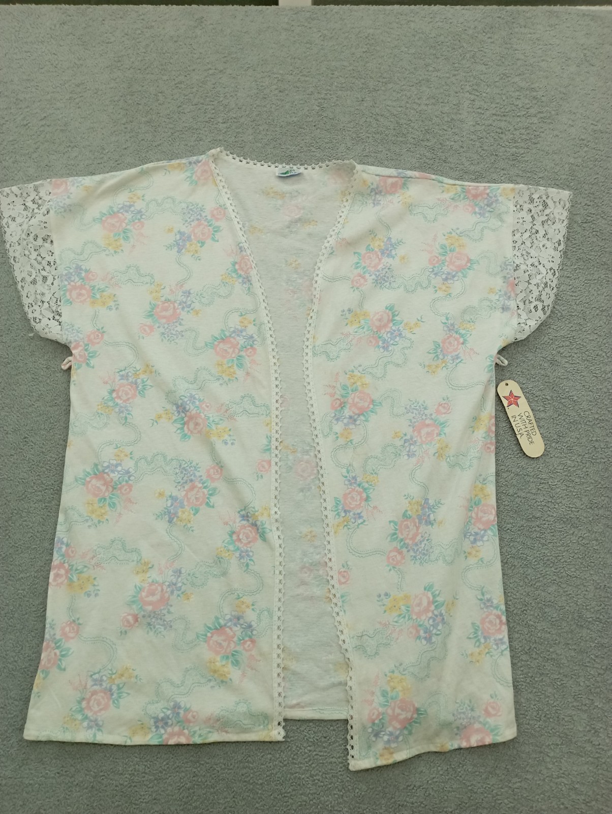 Vintage Claudia Phillips Floral Kimono Cardigan Robe Lace Trim Knit USA Made OS