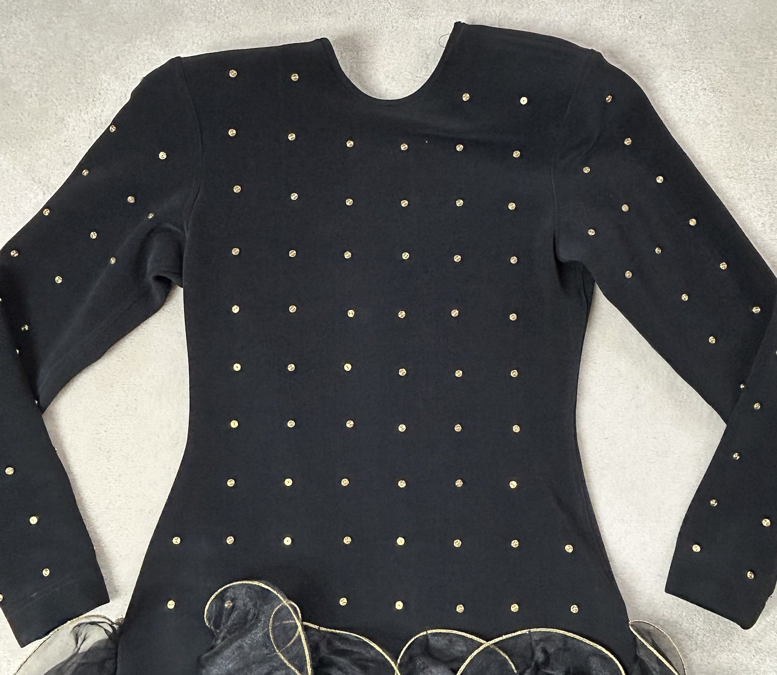 Vintage Tadashi Black & Gold Stretch Body Con Ruffle Cocktail Dress Size 14