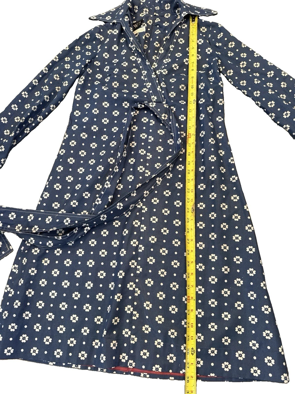 Vintage 1970s DW3 David Warren Collared Dress Navy & White Floral Belted Sz S/M