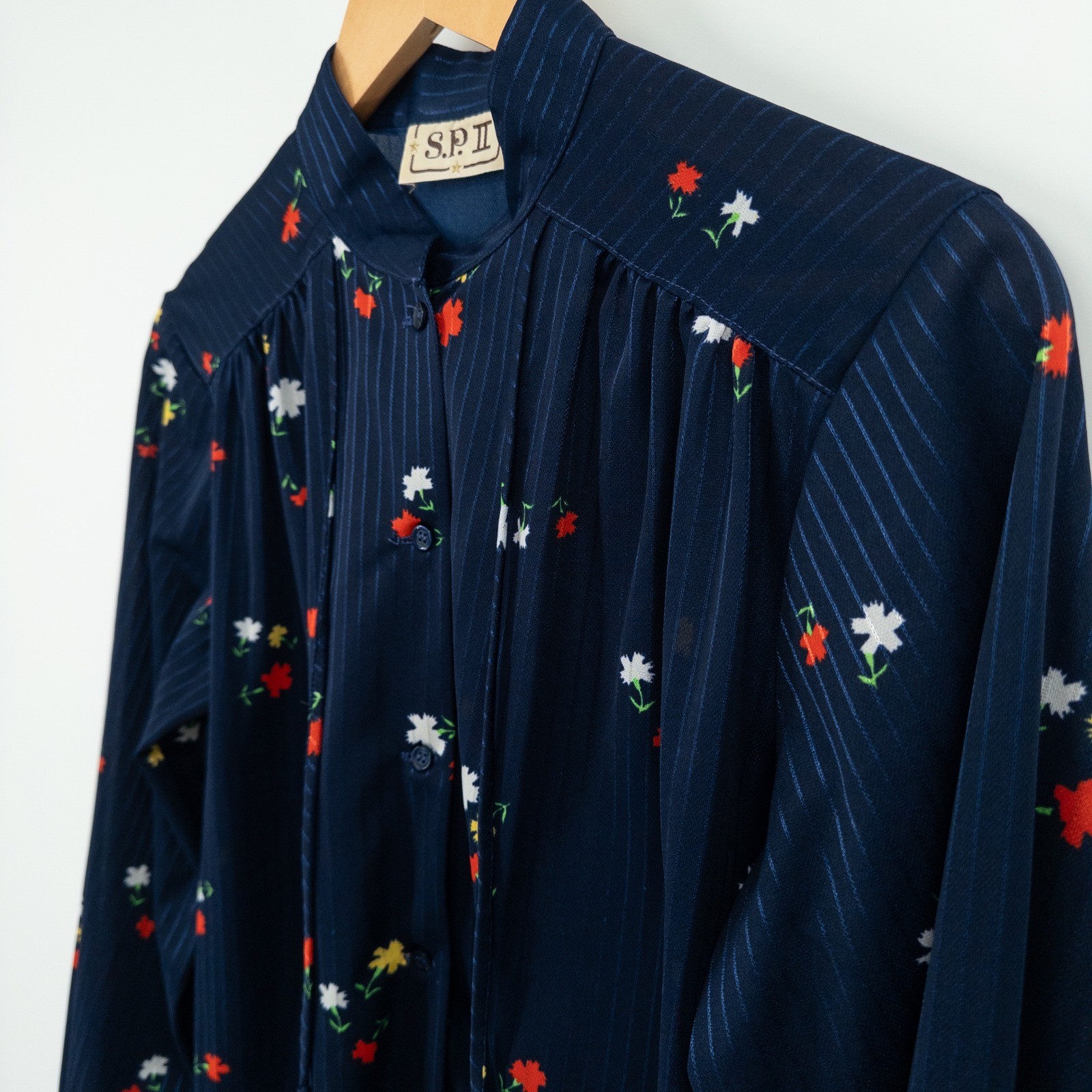 Vintage 70s Navy Floral Pinstripe Prairie Blouse Womens Small