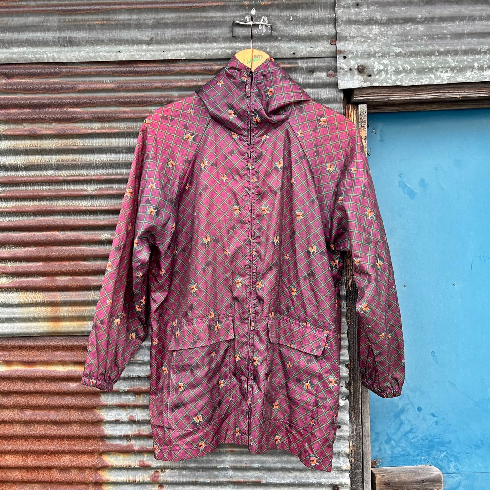 Vintage Hooded Gardening Work Jacket Bias Plaid Butterfly Print Women’s L Rare