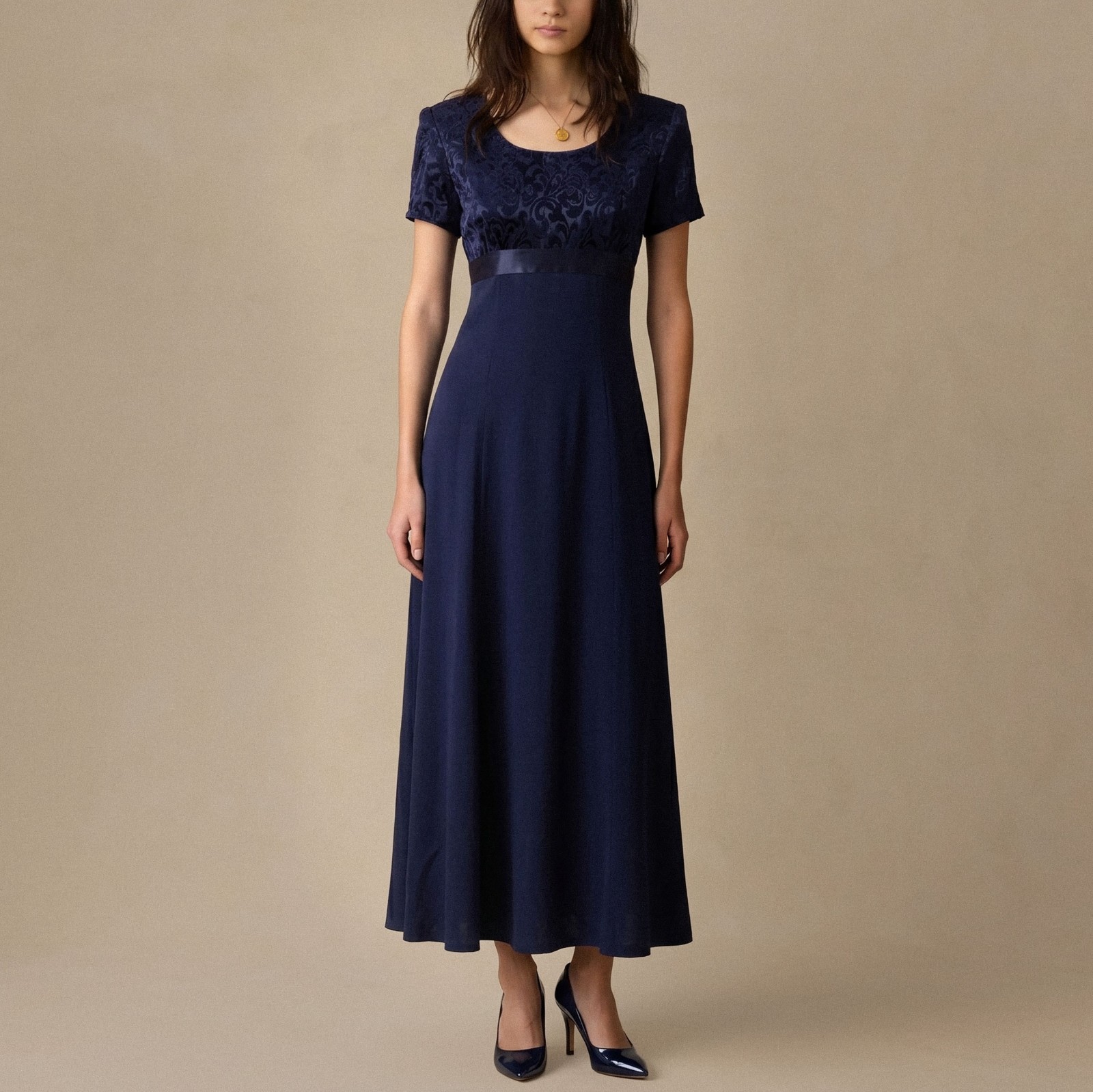 VTG 90s Be Smart Damask Maxi Dress 5/6 Navy Blue Crepe Empire Waist Prom Formal