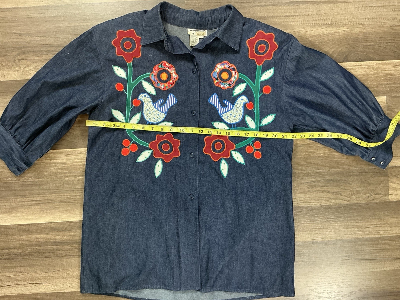 VTG Jacqueline Women’s Bird Floral Appliqué Denim Artsy Tunic L Boho Grandmacore
