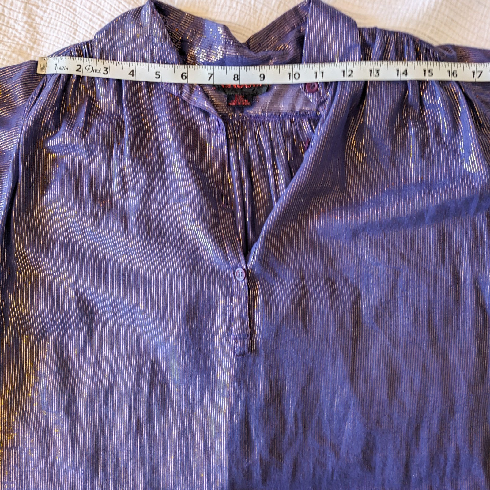 VTG 80s Metallic Gold Stripe Cotton Voile Blouse 14/L Purple Button Up Top India