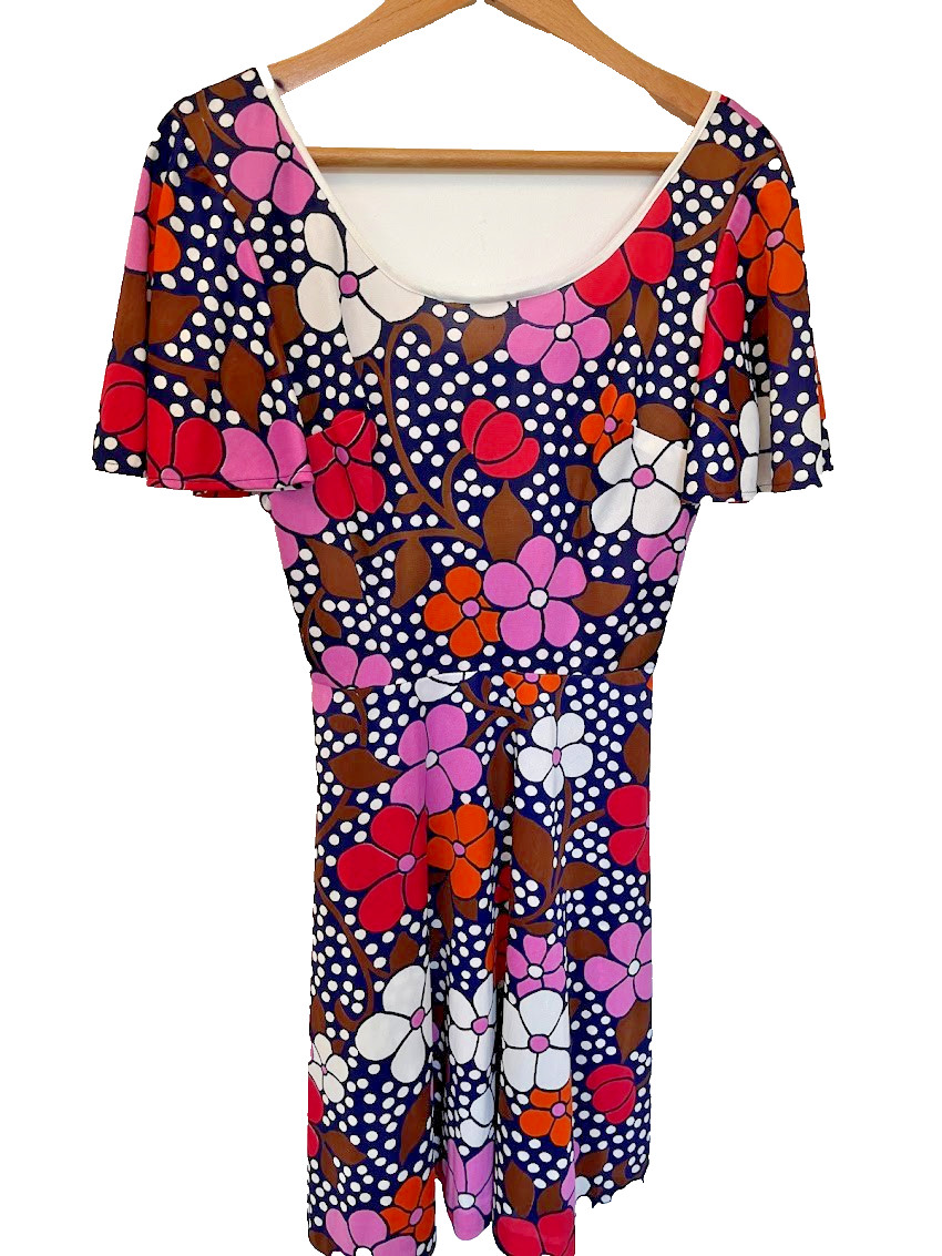 Vintage 1970s Groovy Floral Mini Dress Pop Art Mod Retro Warhol Print XS/S