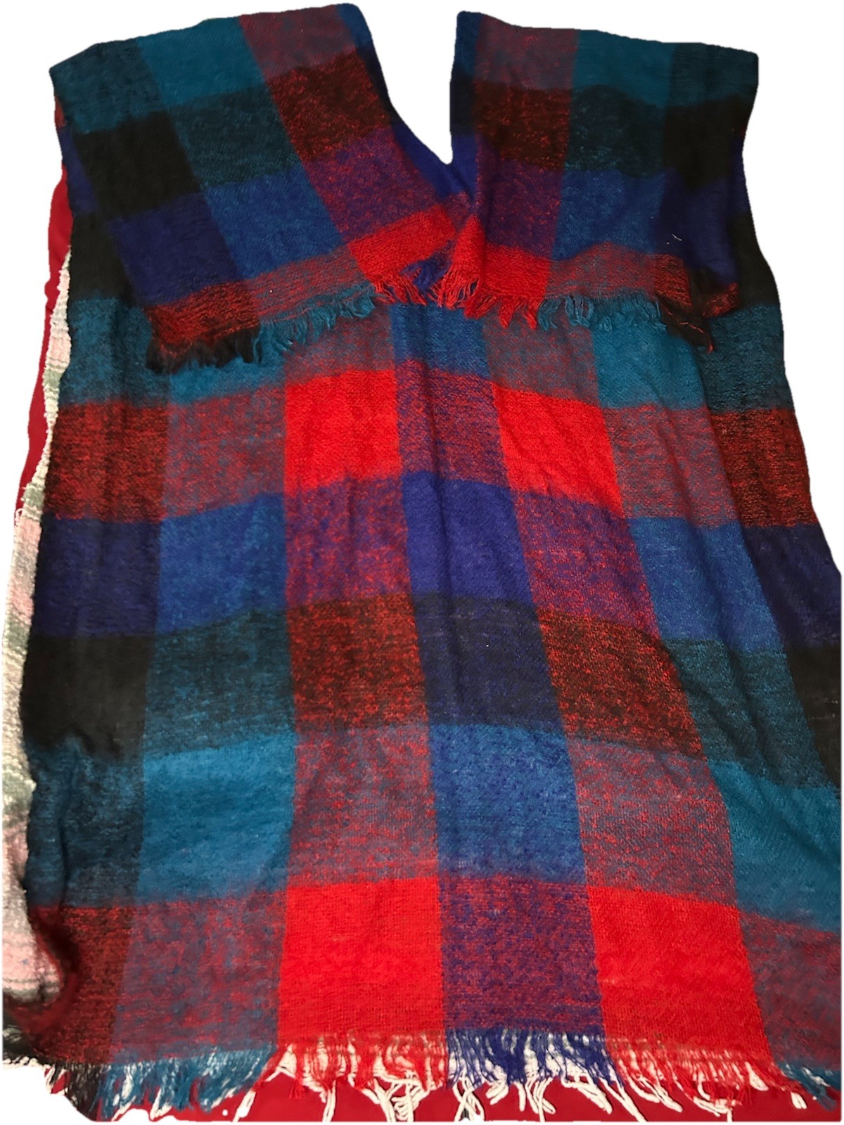 VTG Glentex Wrap Hijab Shawl Sweater Knit Boho Fringe Cape Poncho Red Blue