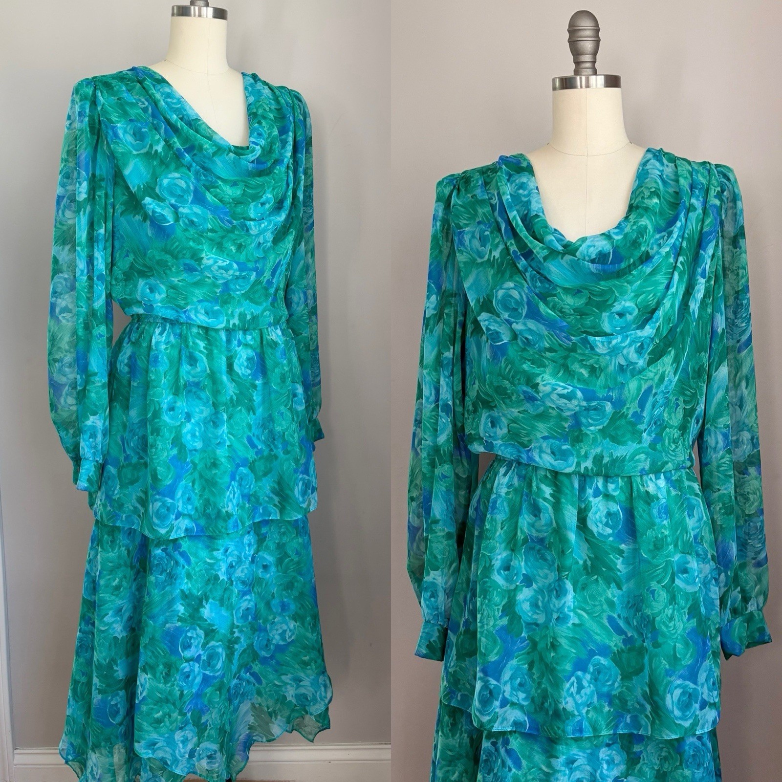Vintage 1970’s Blue & Green Roses Chiffon Handkerchief Hem Dress L/XL