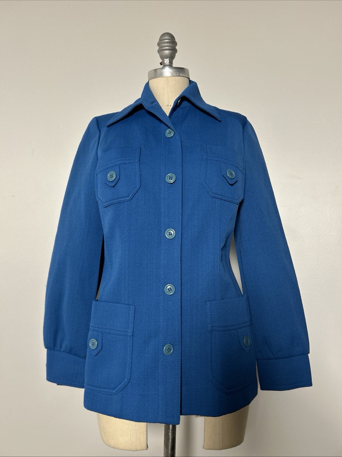 VTG 1970s Butte Knit Blue Utility Jacket Dacron Polyester Pockets Button Front
