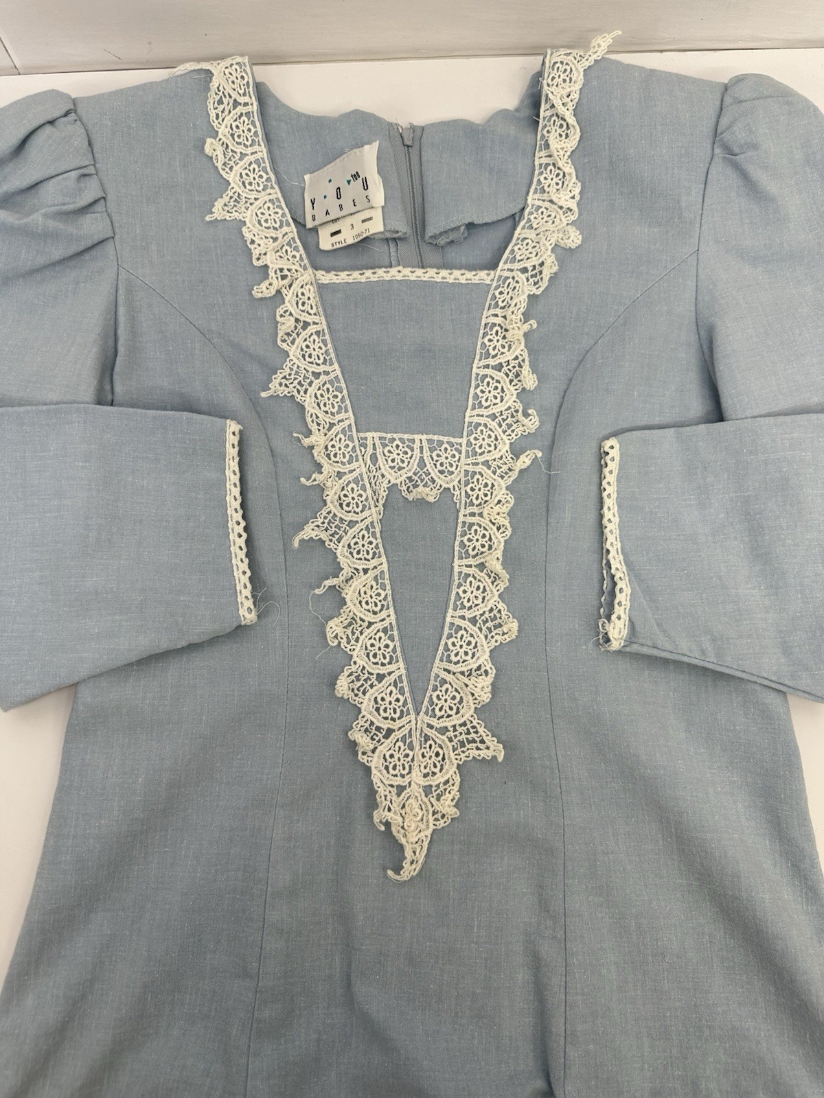 VTG You Too Babes Prairie Cottagecore Midi Dress Lace Blue USA 3 READ S-XS