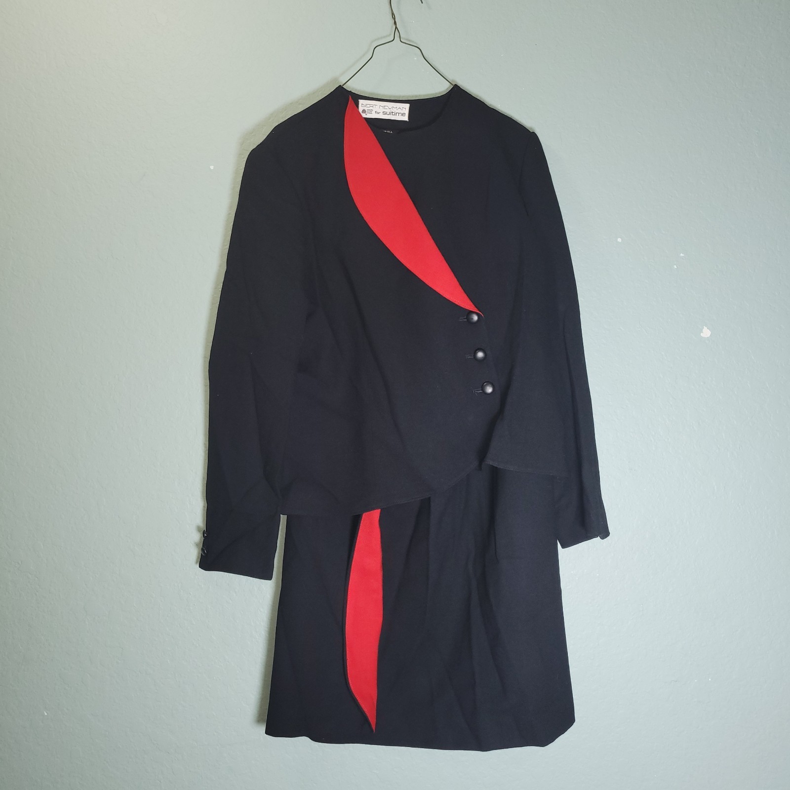 VTG BERT NEWMAN 2-Pc Wool Black/Red Skirt Asymmetric Button Jacket Suit