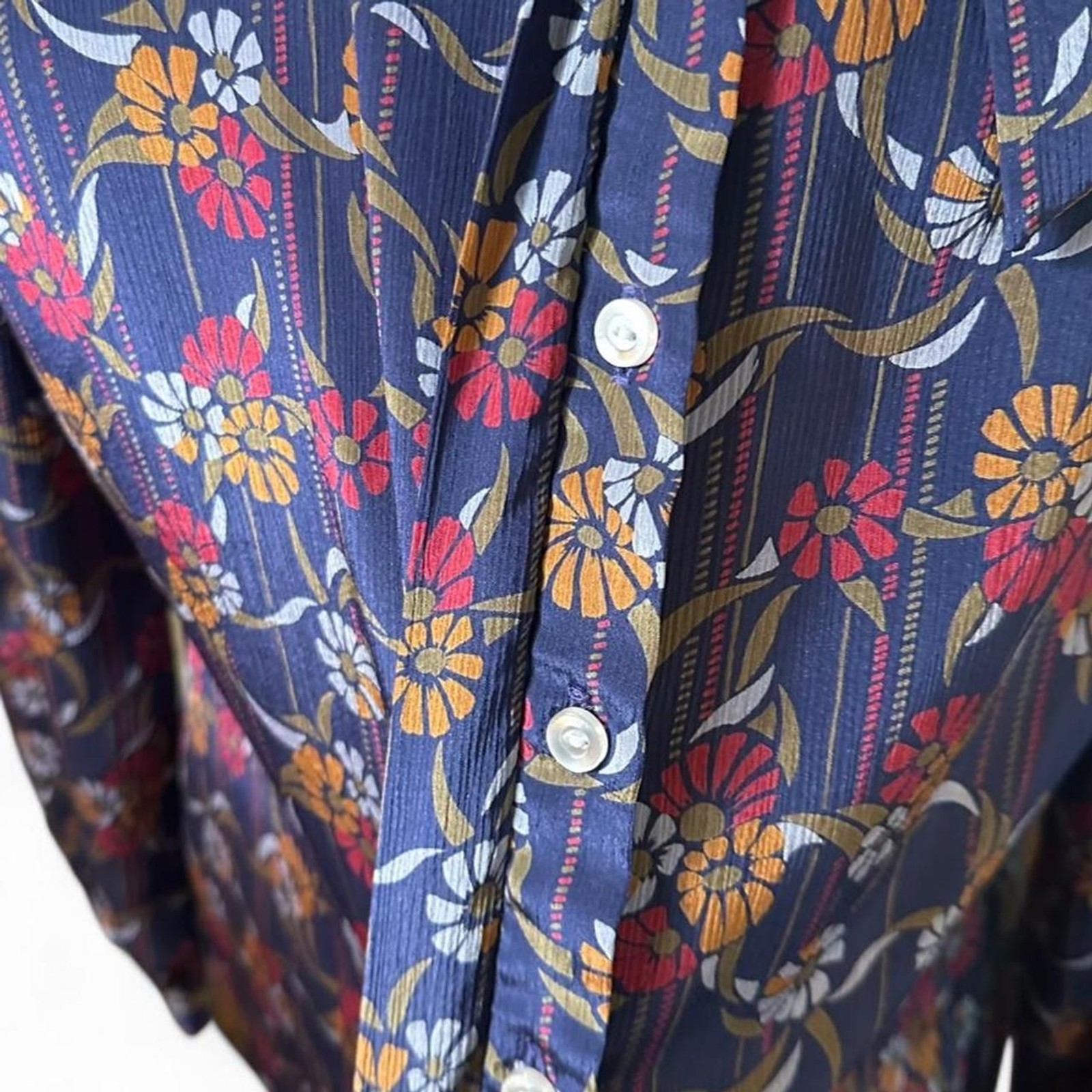 True Vintage 70s Panther Bow Mock Neck Lightweight Navy Floral Blouse