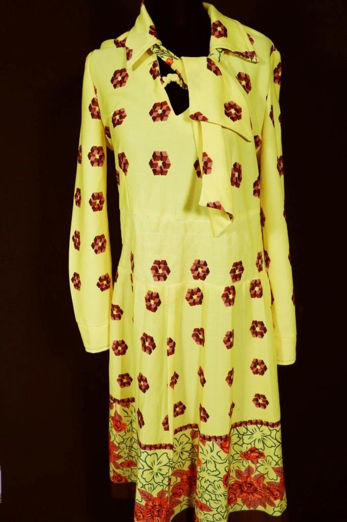 Vintage 1970’s French Yellow Poly Geo Print Dress Size 10+