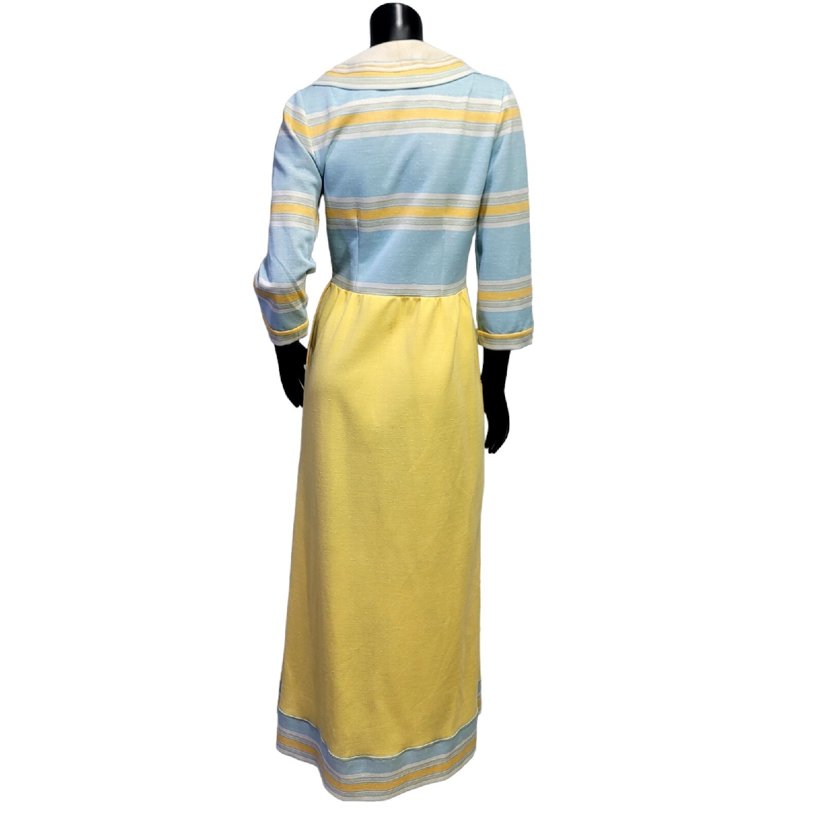 Vintage 60s 70s Maxi Dress Yellow Blue Striped Floral Applique Shawl Collar Mod