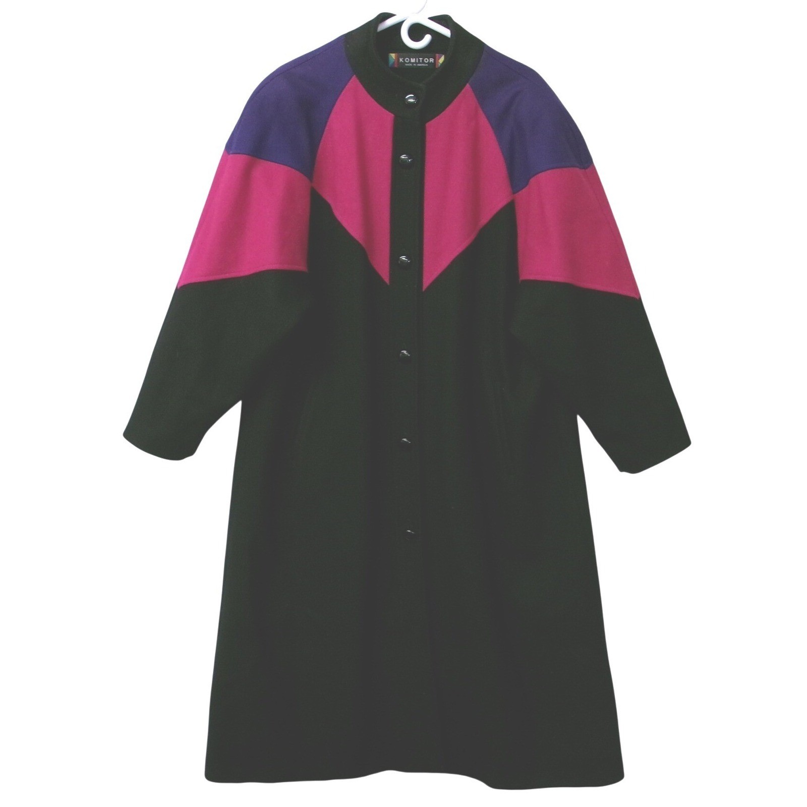 Komitor USA Vintage 80s Colorblock Wool Coat Magenta Purple Black Oversized XL