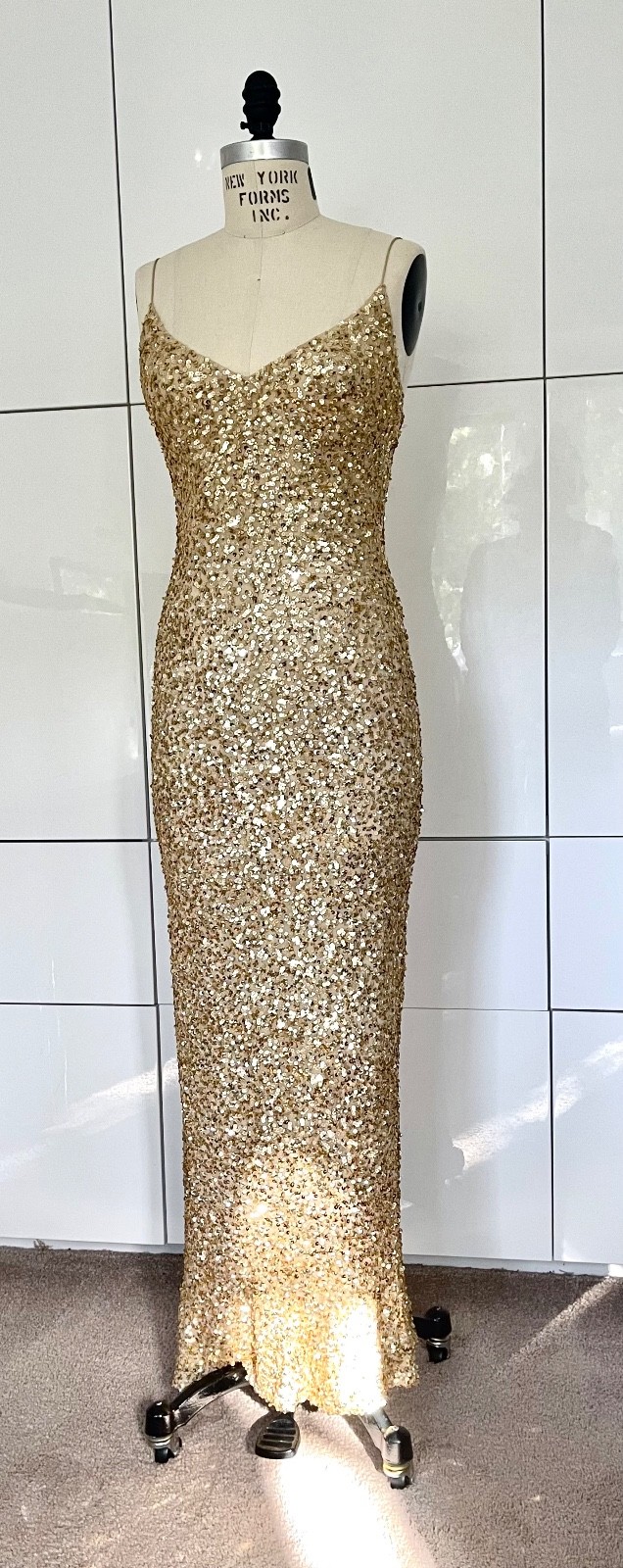 Vintage Gold Sequin, Formal Or Prom, Slip Dress. Size 6. Silk Bias Cut.