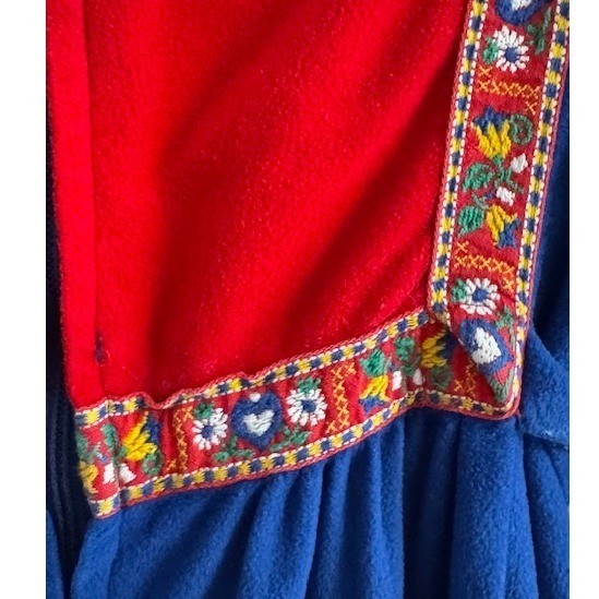 Vintage Lounge Craft Royal Blue Maxi Robe Red Ruffle Trim Long Sleeve Dress 70s