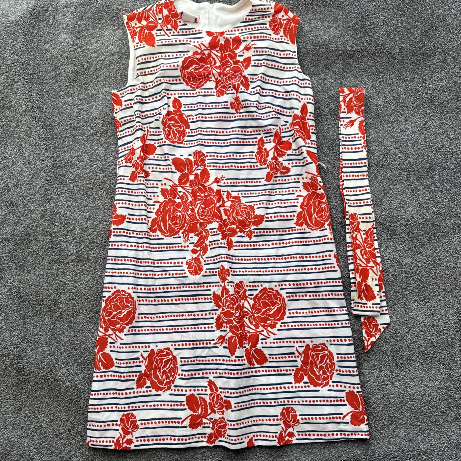 VTG NOS Womens M Checkaberry Dress Sleeveless A Line Belted Floral 60s 70s Midi