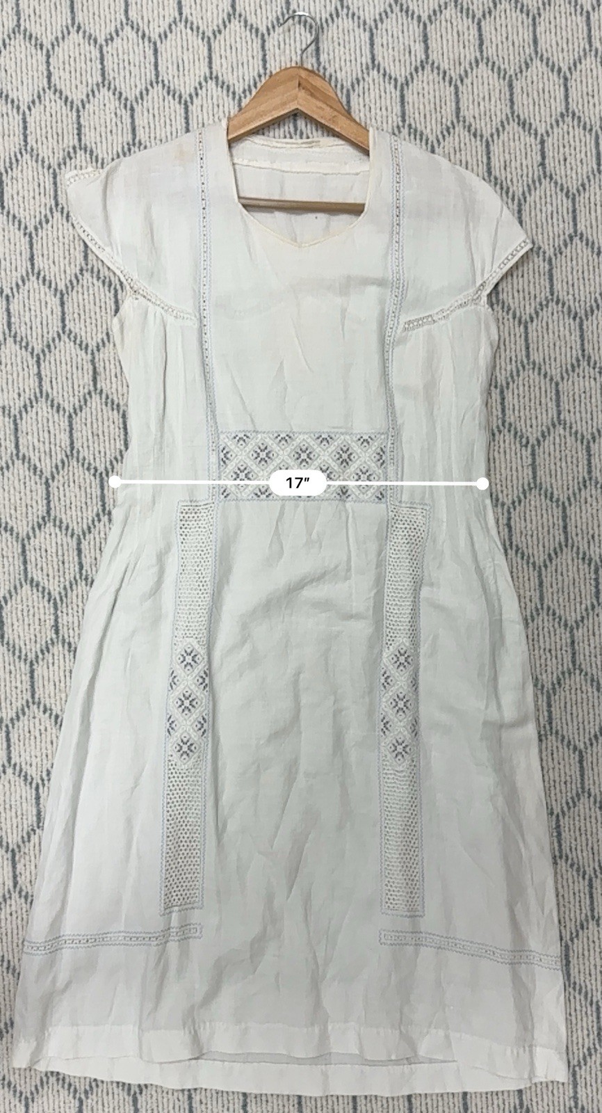 1920’s Antique Hand Embroidered Linen Chevron Lace Cottagecore Cream Lawn Dress
