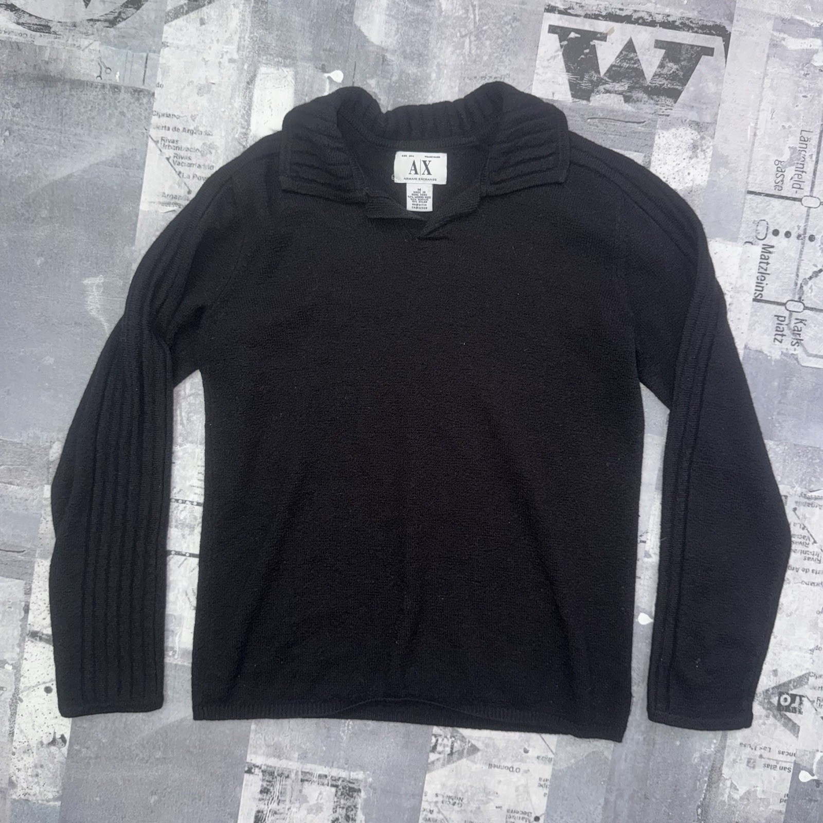 Vintage Armani Exchange Wool Blend Black Collared Sweater Polo Medium Preppy