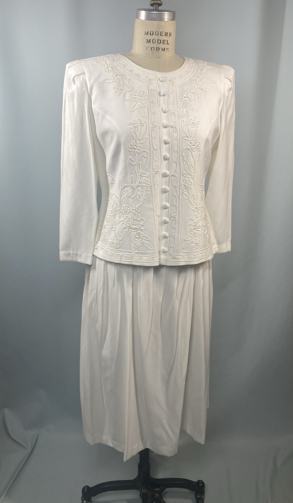 Vintage Dress SIZE 10P MEDIUM ivory white KARIN STEVENS classic MOB 80s 90s